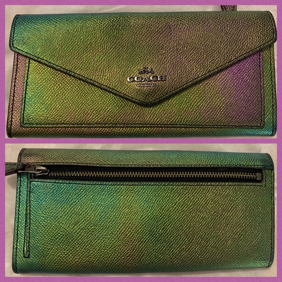 Coach Handbags - Coach Hologram Green Iridescent Metallic Wallet